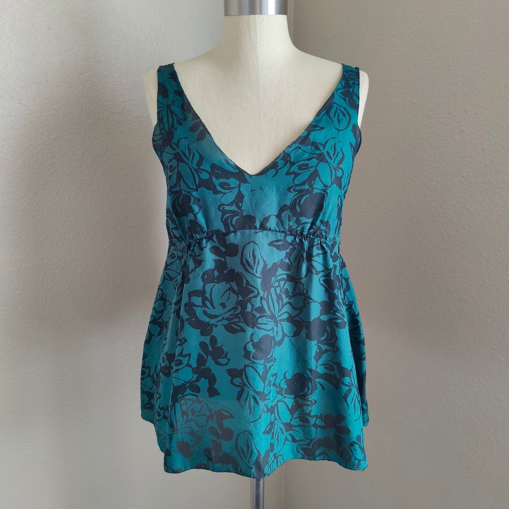 Vintage Y2K 100% Silk Babydoll Tank Top Teal Floral S Velvet by Graham & Spencer